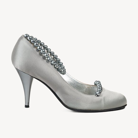 Chanel Grey Pearl Ankle Satin Pumps - Picture 1 of 9